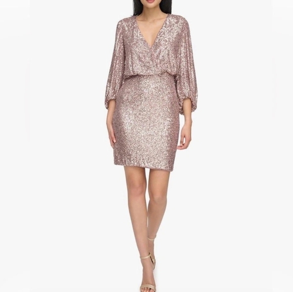 Eliza J Dresses & Skirts - Eliza J Sequin V-Neck Cocktail Mini Dress/ Sheath - Rose Gold/Baloon Sleeves NWT